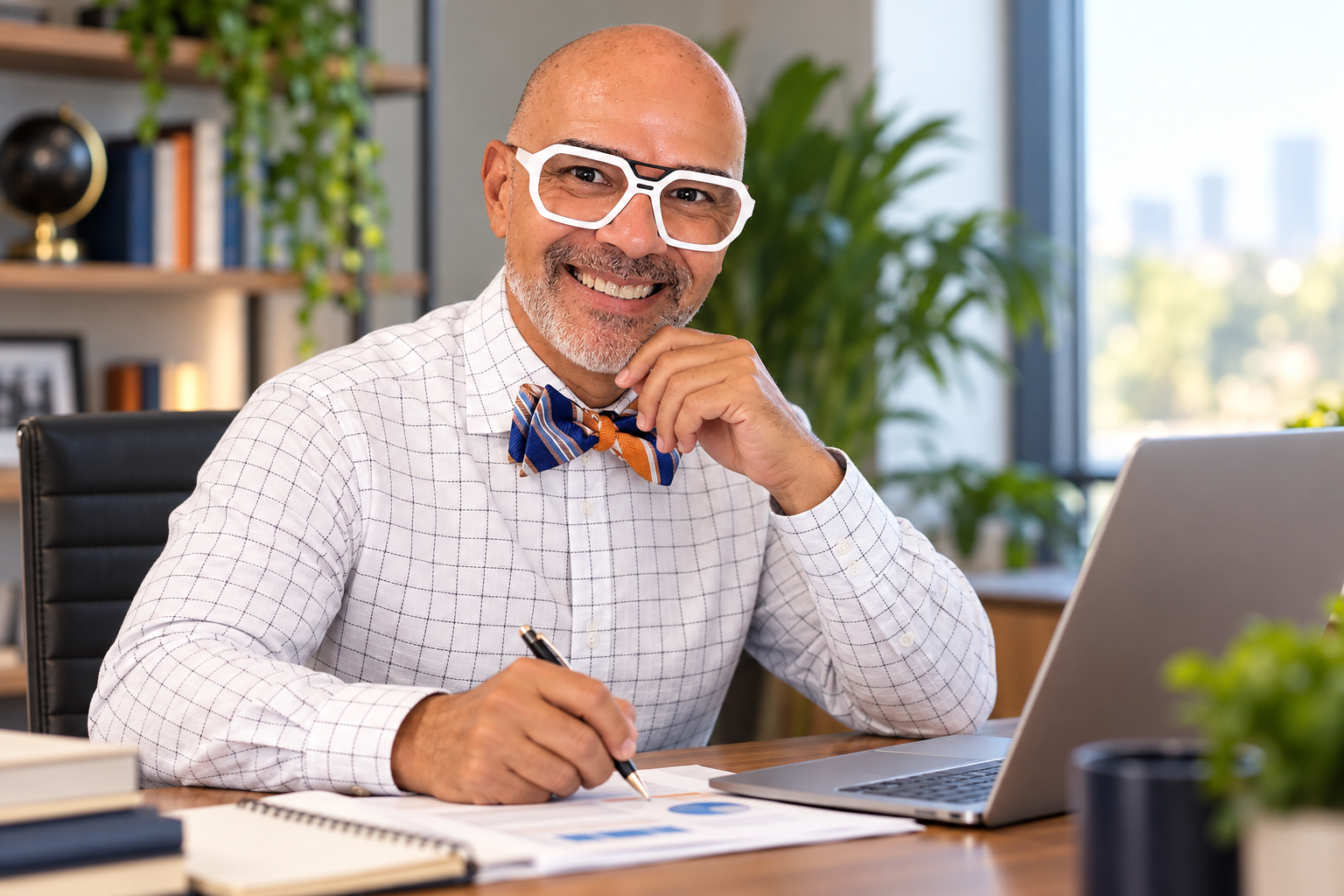 Jerry Ervin smiling at his desk, wearing his white glasses and blue-and-orange bow tie