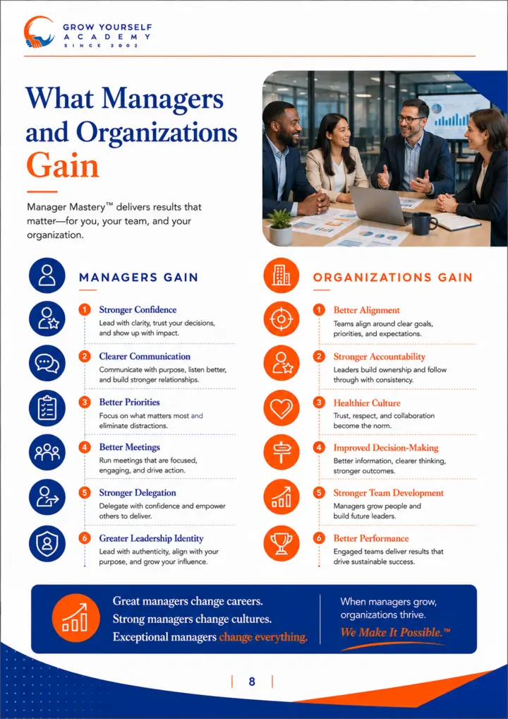 Approved Manager Mastery™ booklet page showing what managers and organizations gain