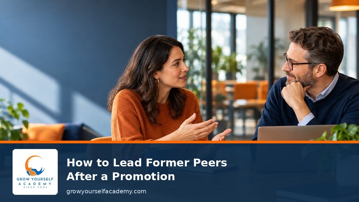 Two former coworkers having a thoughtful one-on-one conversation after a promotion